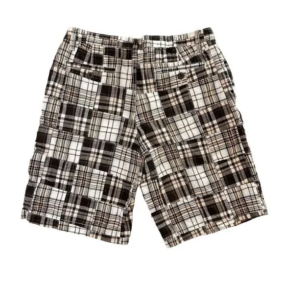 Vtg Mens Y2K Patchwork brown Plaid longer Shorts 100% cotton sz 32 skater grunge - Picture 2 of 9